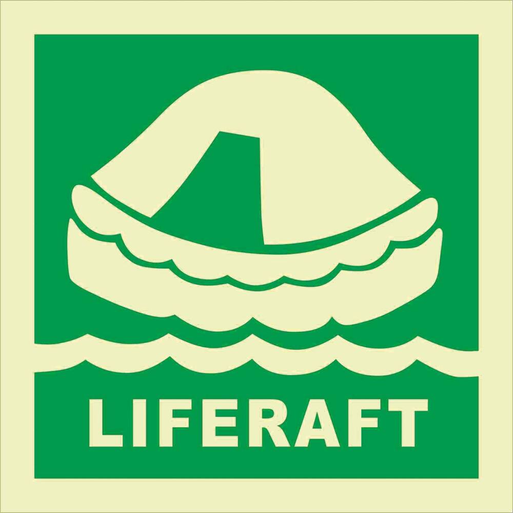STICKER REDDINGSVLOT MET TEKST LIFERAFT (ENGELS) 15 X 15 CM LICHTGEVEND
