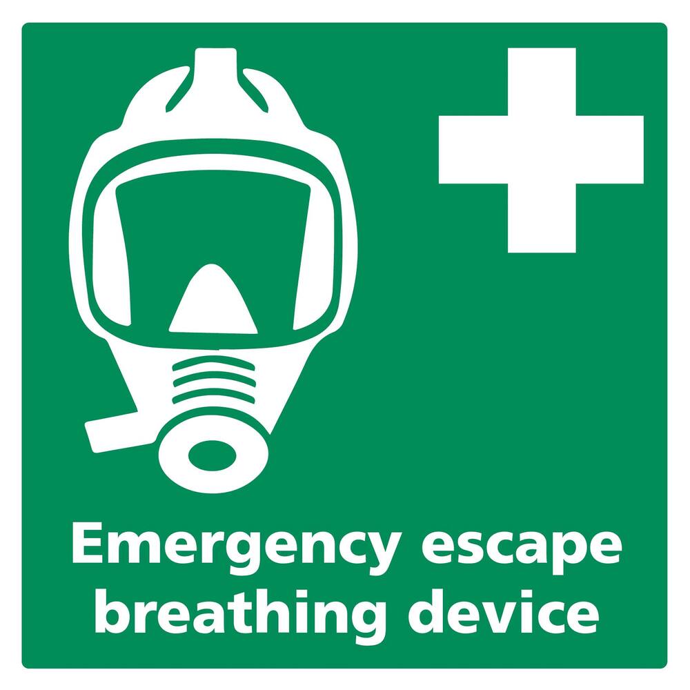 STICKER VLUCHTMASKER MET TEKST EMERGENCY ESCAPE BREATHING DEVICE (ENGELS) 15 X 15 CM