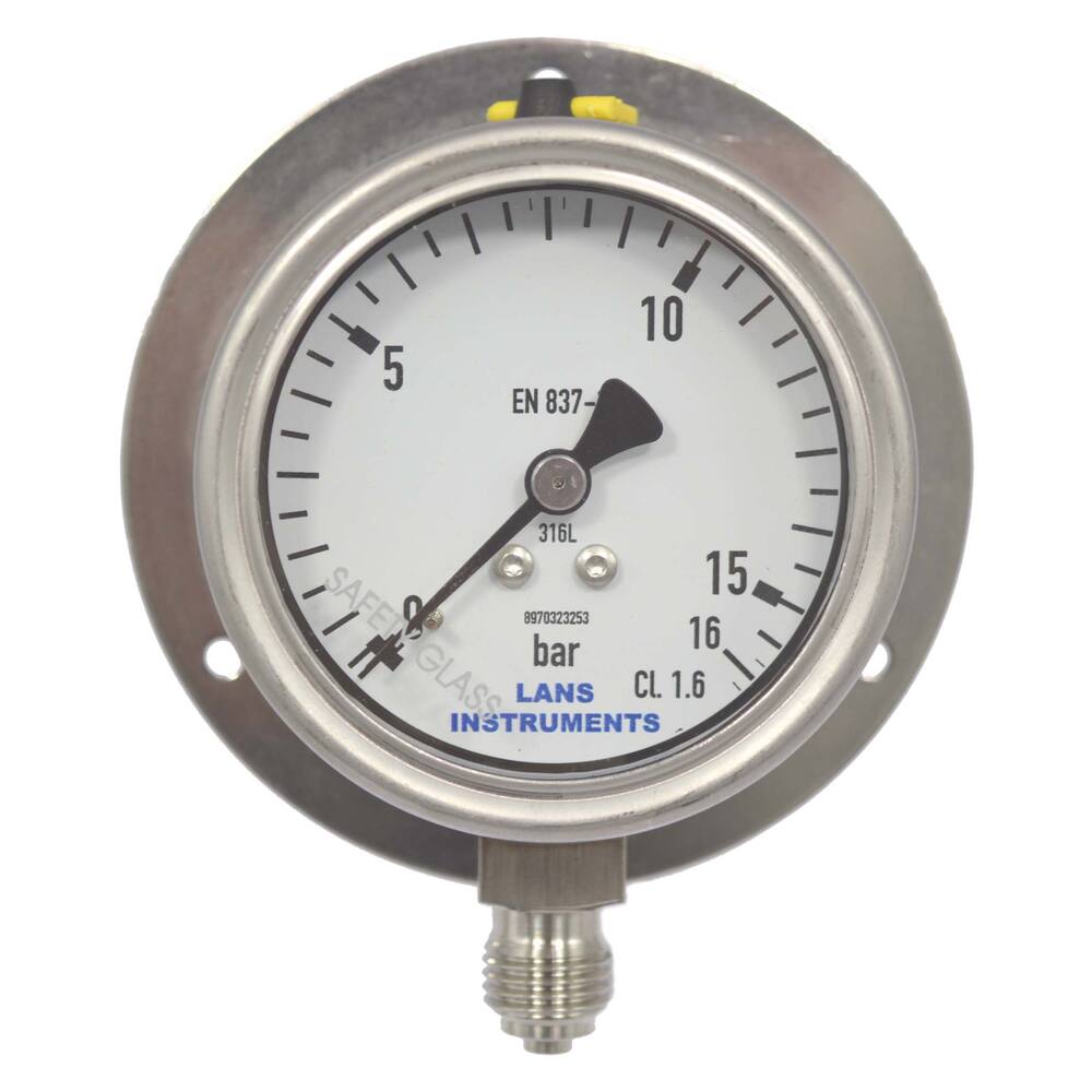 BUISVEERMANOMETER RVS, KAST Ø 63MM ONDERAANSLUITING MET ACHTERFLENS 1/4'' 0-4 BAR