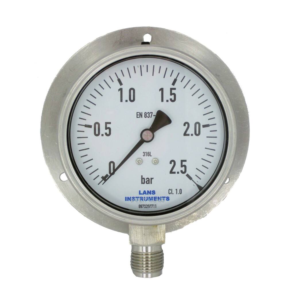 BUISVEERMANOMETER RVS, KAST Ø 100MM ONDERAANSLUITING MET ACHTERFLENS 1/2'' 0-4BAR
