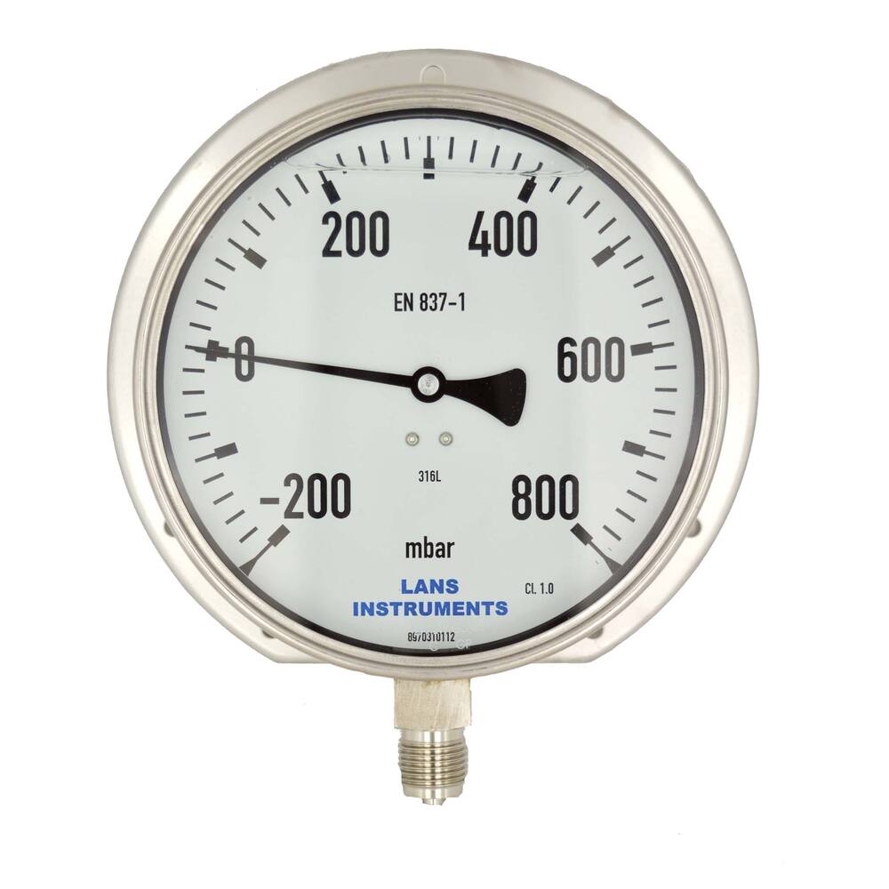 BUISVEERMANOMETER RVS, KAST Ø 160MM ONDERAANSLUITING MET ACHTERFLENS 1/2'' 0-4