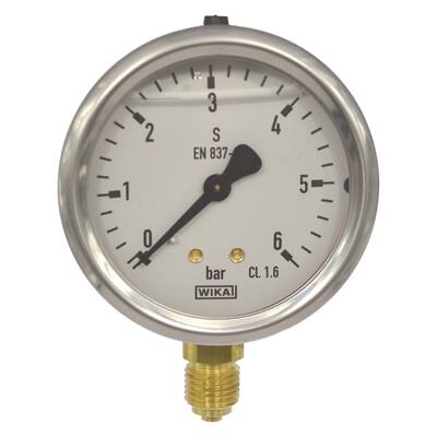 BUISVEERMANOMETER MESSING, KAST Ø 63 MM, GEVULD, ONDERAANSLUITING