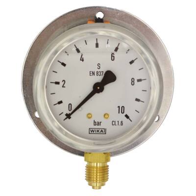 BUISVEERMANOMETER MESSING , KAST Ø 63 MM, GEVULD, ONDERAANSLUITING MET ACHTERFLENS