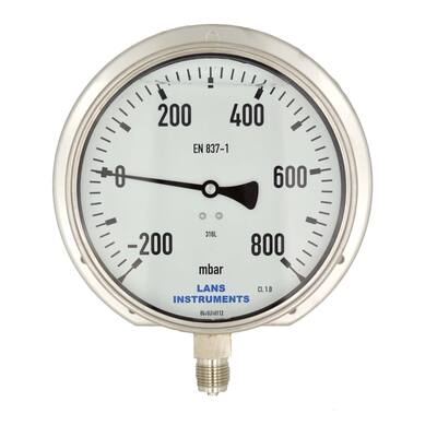 BUISVEERMANOMETER RVS, KAST Ø 160 MM, GEVULD, ONDERAANSLUITING MET ACHTERFLENS